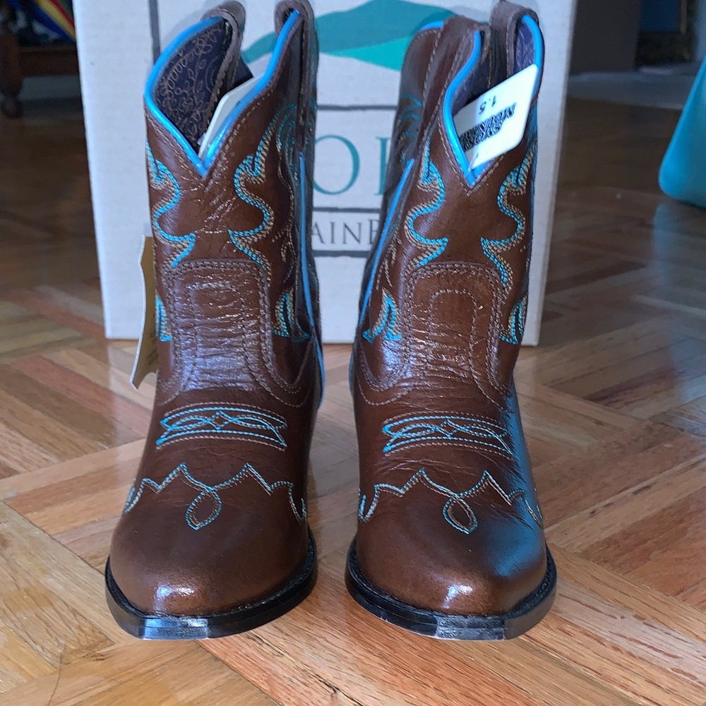 Smoky Mountain Girls Country Western Boots Brown Leather w/ Teal Stitching